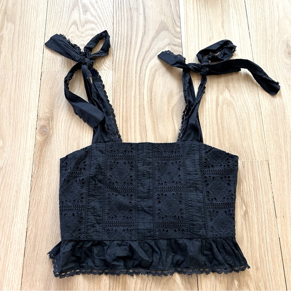 FARM Rio Black Cotton Eyelet Tie Shoulder Ruffle Top Size XS